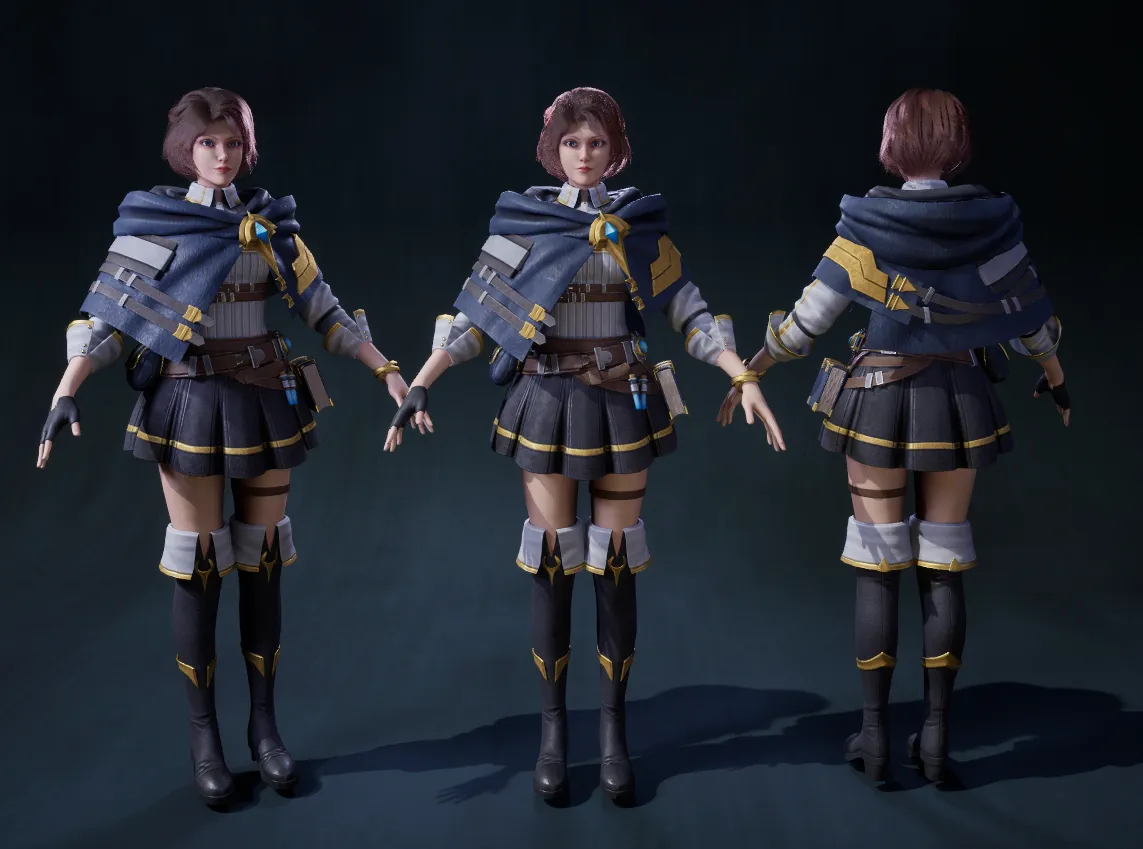 A OneStar character realized as a 3D model, shown from three angles.