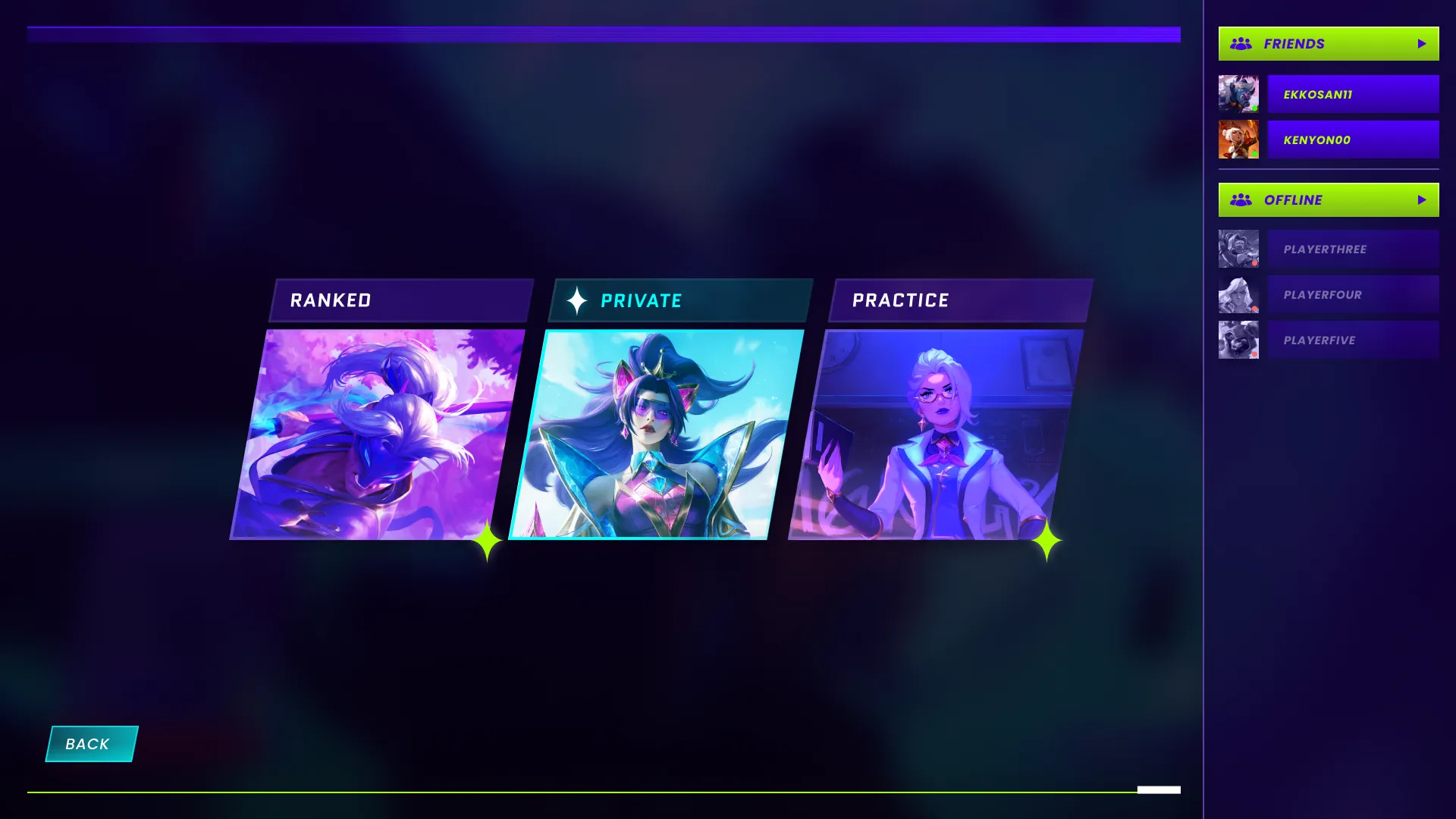 OneStar game mode selection: Ranked, Private, and Practice.