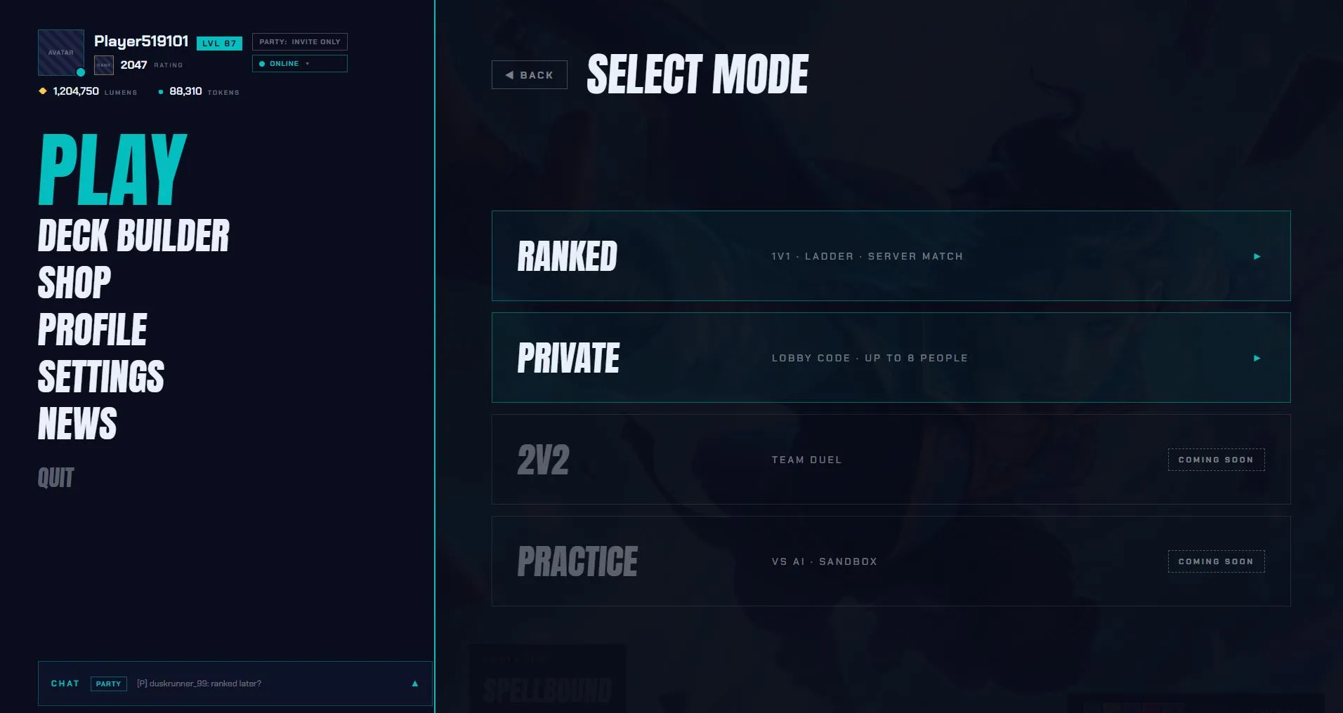 OneStar game mode selection: Ranked, Private, 2v2, and Practice.